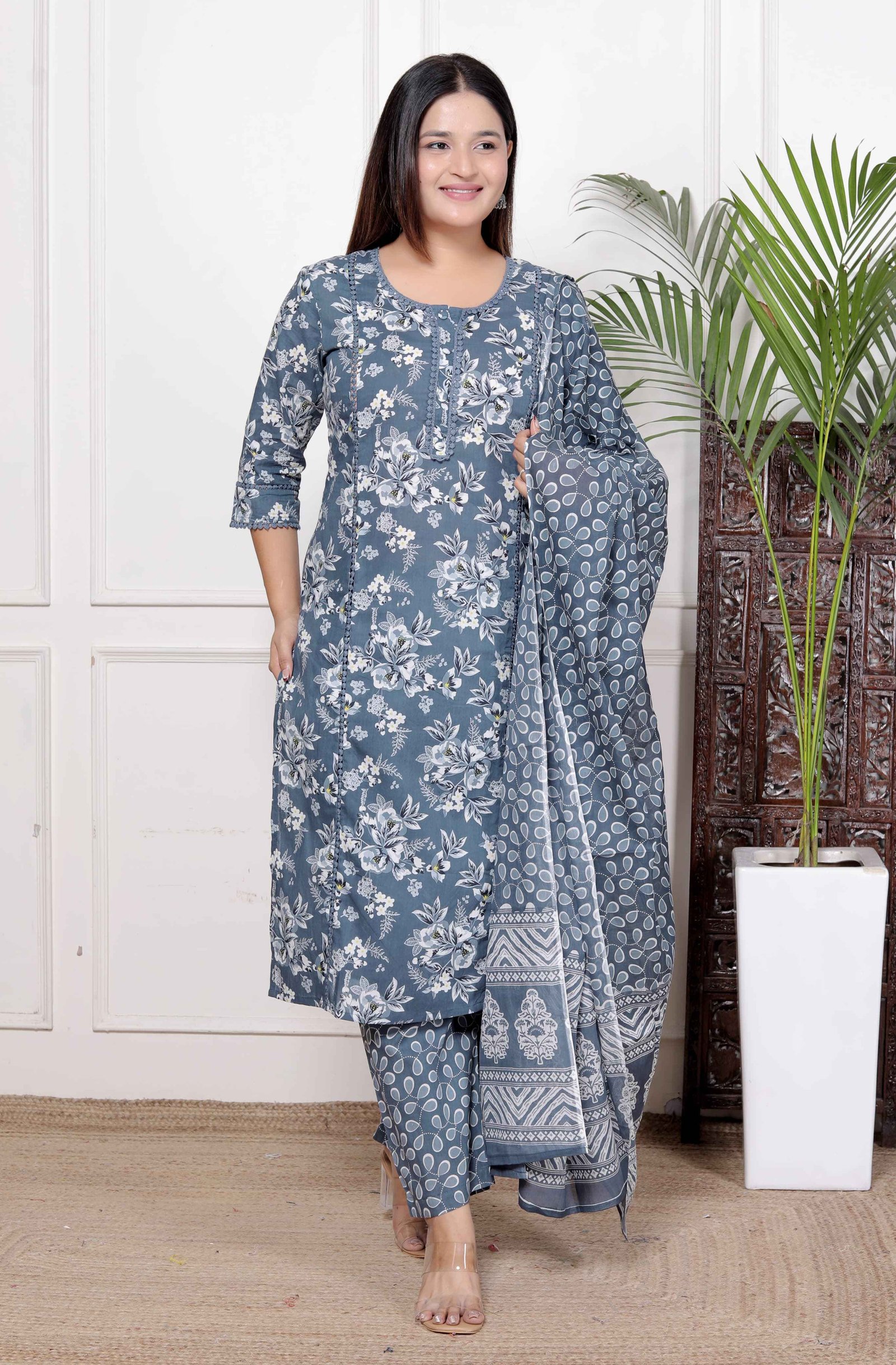 “Breathe Easy in Bloom Grey Floral Printed Cotton Suit Set”